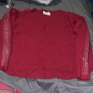 Rhinestone-Trim Red Crewneck Sweater - Women